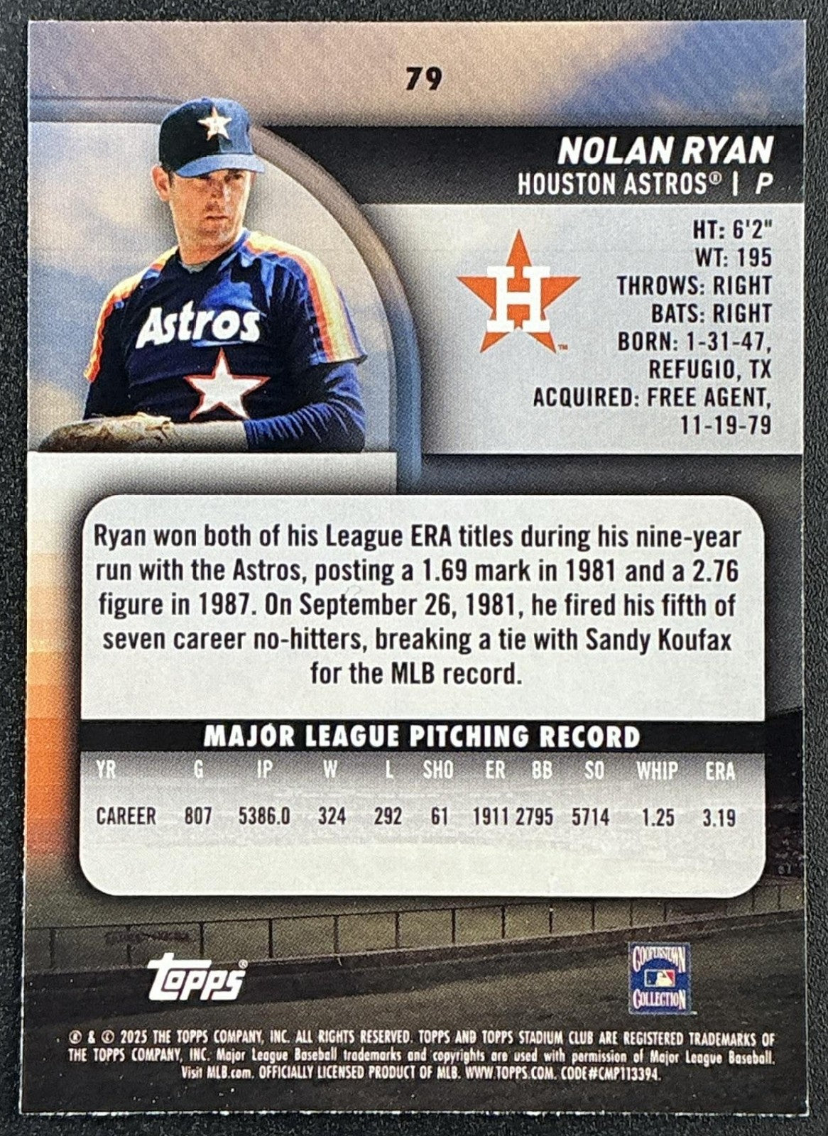 NOLAN RYAN 2025 TOPPS STADIUM CLUB #79 RED FOIL ASTROS