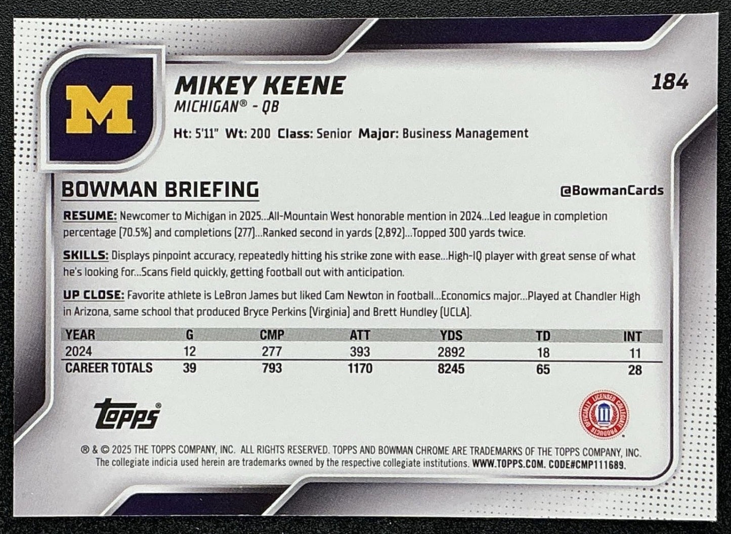 MIKEY KEENE 2025 BOWMAN CHROME UNIVERSITY SAPPHIRE #184 PROSPECT WOLVERINES