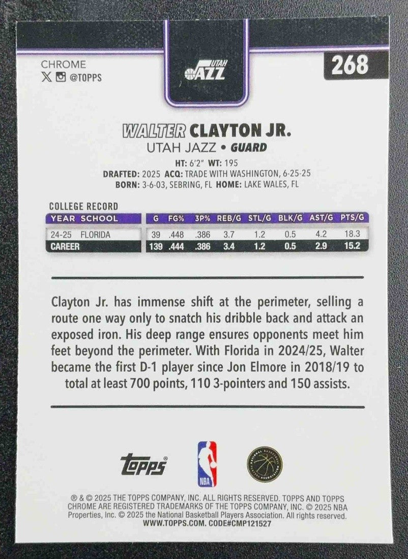 WALTER CLAYTON JR. 2025-26 TOPPS CHROME #268 PRISM REFRACTOR RC JAZZ