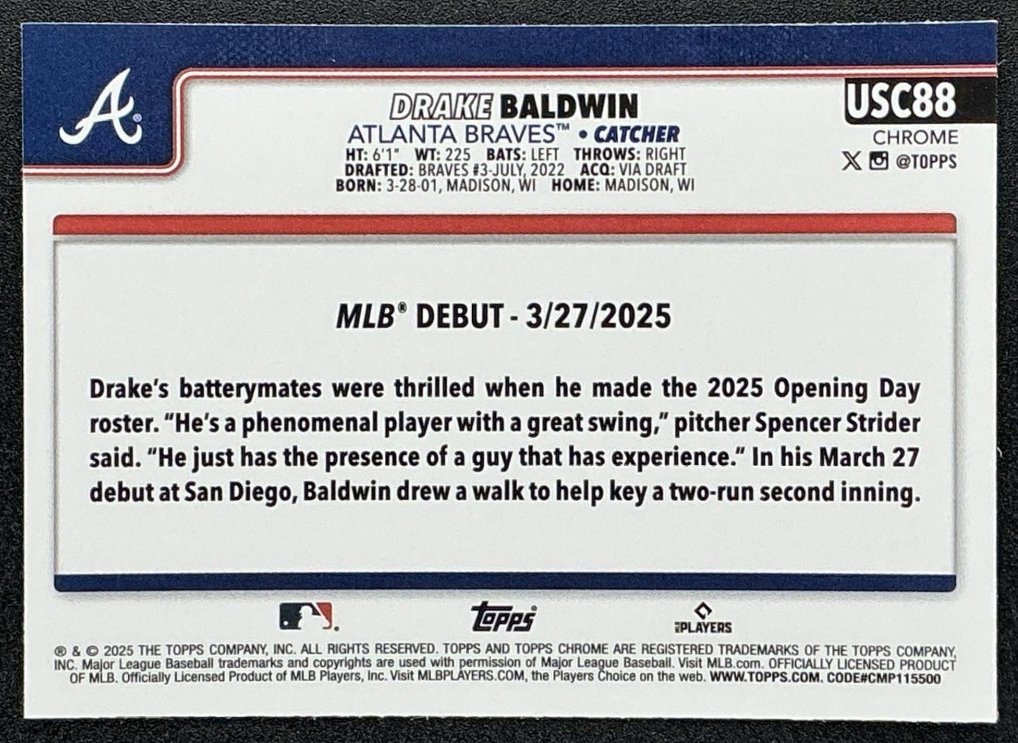 DRAKE BALDWIN 2025 TOPPS CHROME UPDATE #USC88 RC BRAVES