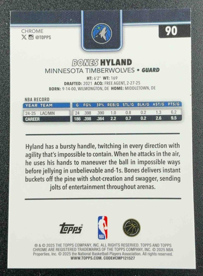 BONES HYLAND 2025-26 TOPPS CHROME #90 MAGENTA REFRACTOR 183/399 TIMBERWOLVES