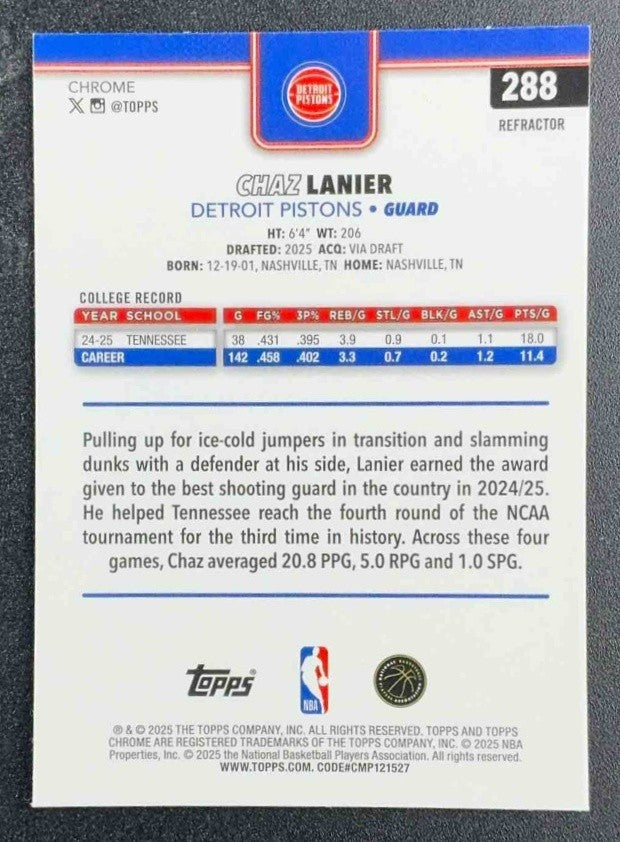 CHAZ LANIER 2025-26 TOPPS CHROME #288 REFRACTOR RC PISTONS