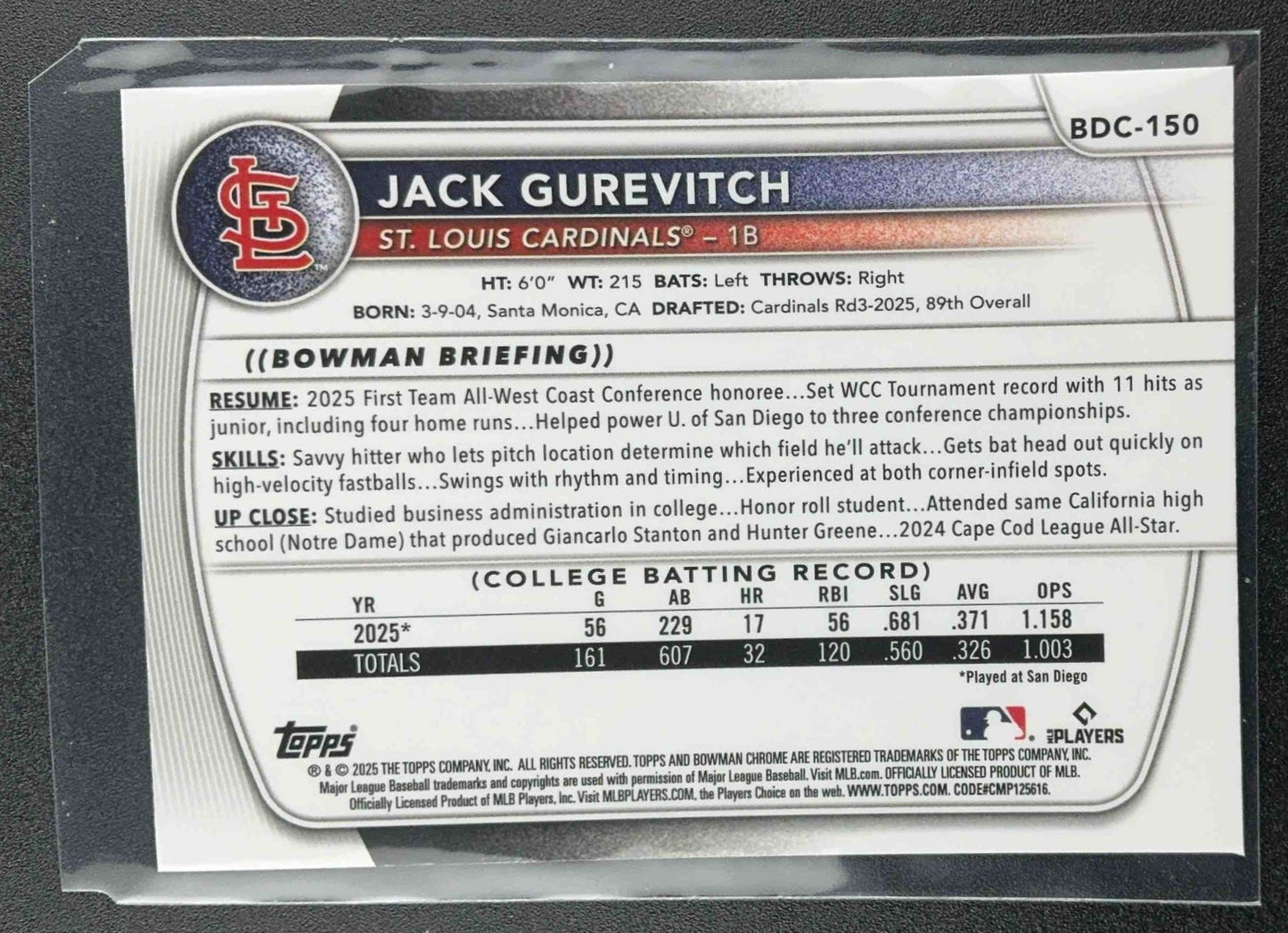 2025 Bowman Draft Jack Gurevitch #BDC-150 Chrome Mojo Refractor 1st Prospect