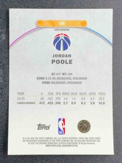 JORDAN POOLE 2025-26 TOPPS FINEST #186 UNCOMMON WIZARDS