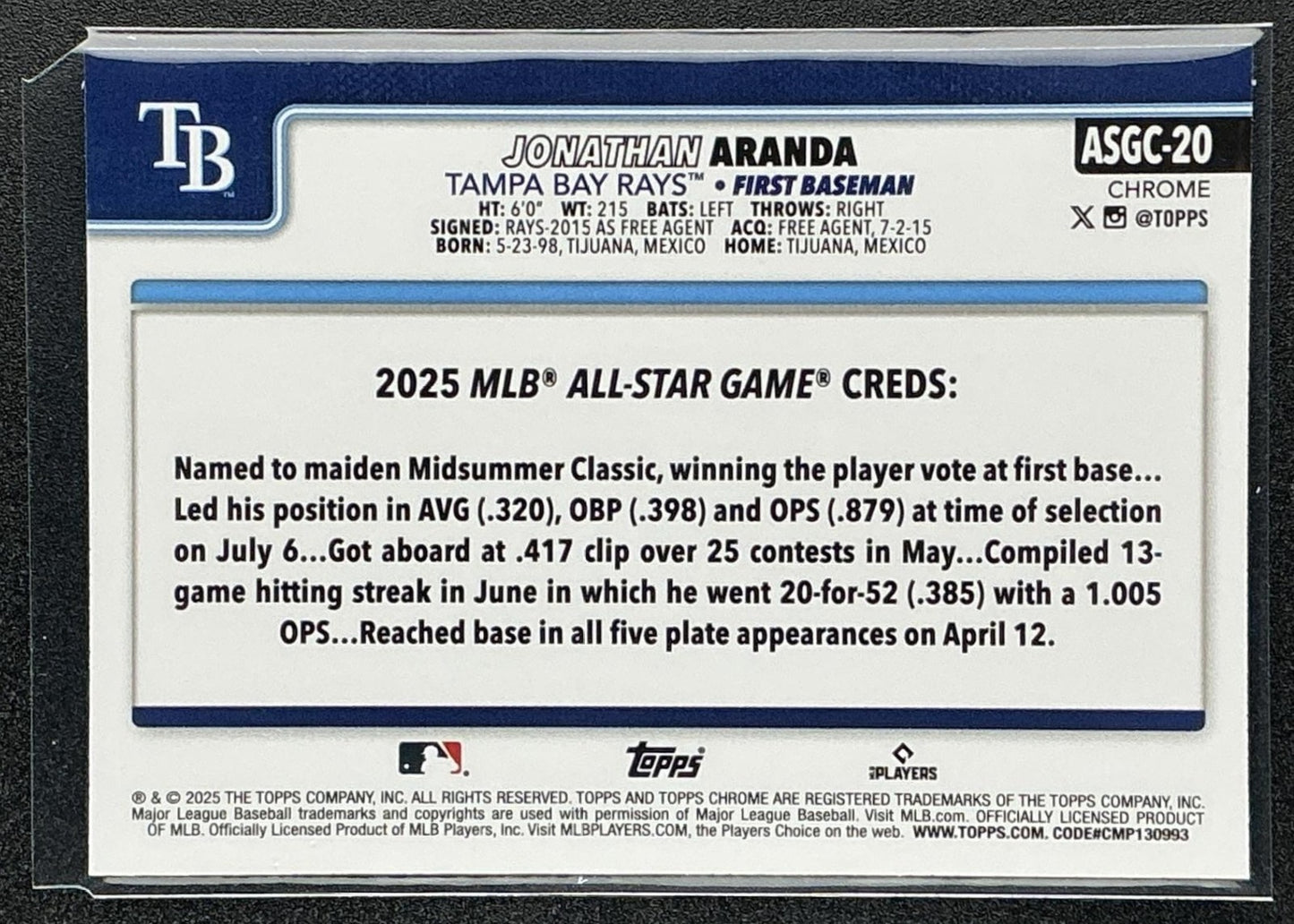 JONATHAN ARANDA 2025 TOPPS CHROME UPDATE #ASGC-20 ALL-STAR GAME RAYS