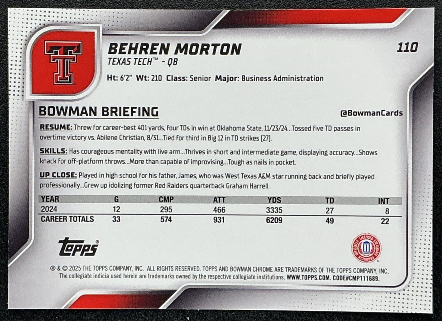 2025 Bowman Chrome University Sapphire Behren Morton #110 1st Prospect