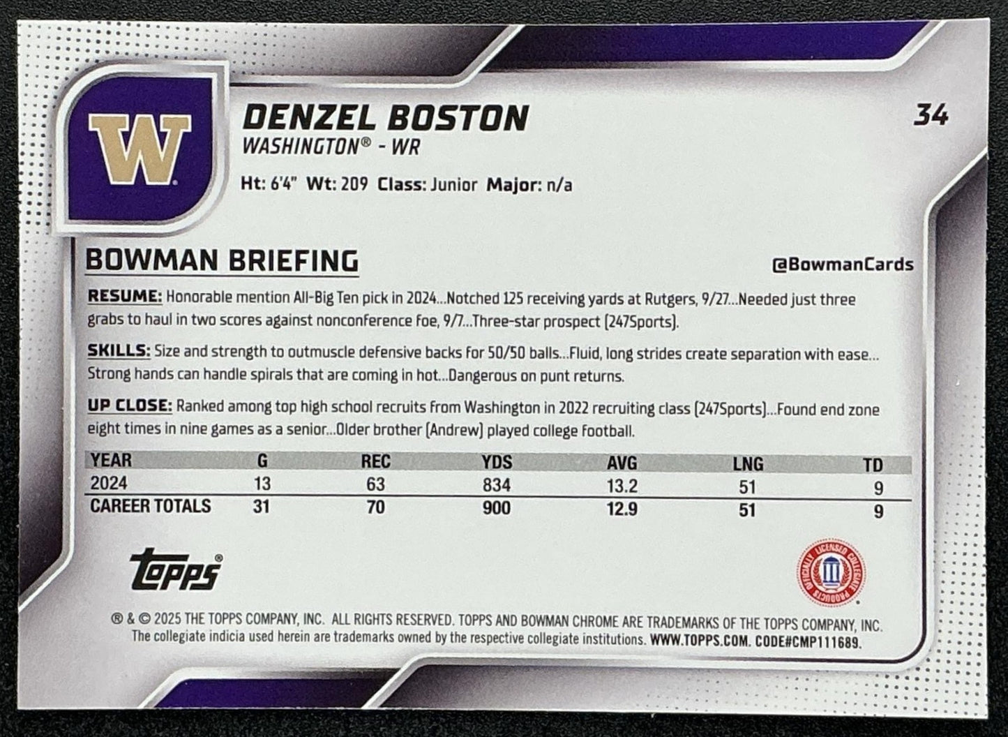 DENZEL BOSTON 2025 BOWMAN CHROME UNIVERSITY SAPPHIRE #34 1ST PROSPECT HUSKIES
