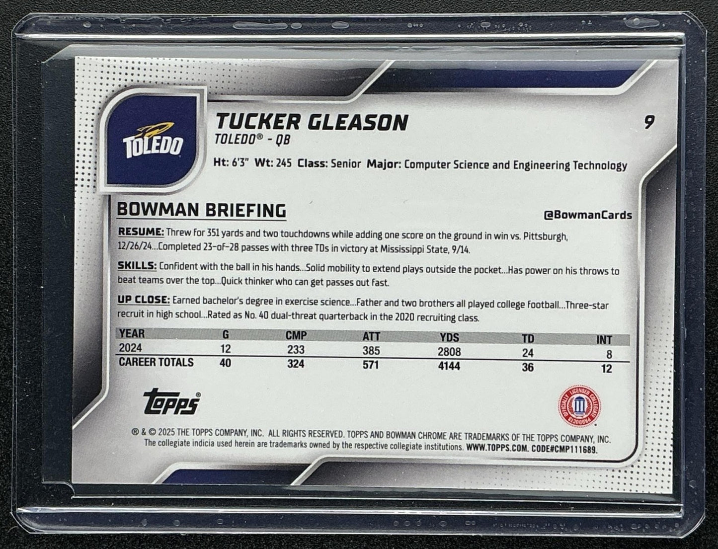 2025 Bowman Chrome University Sapphire Tucker Gleason #9 Yellow /75 1st Prospect