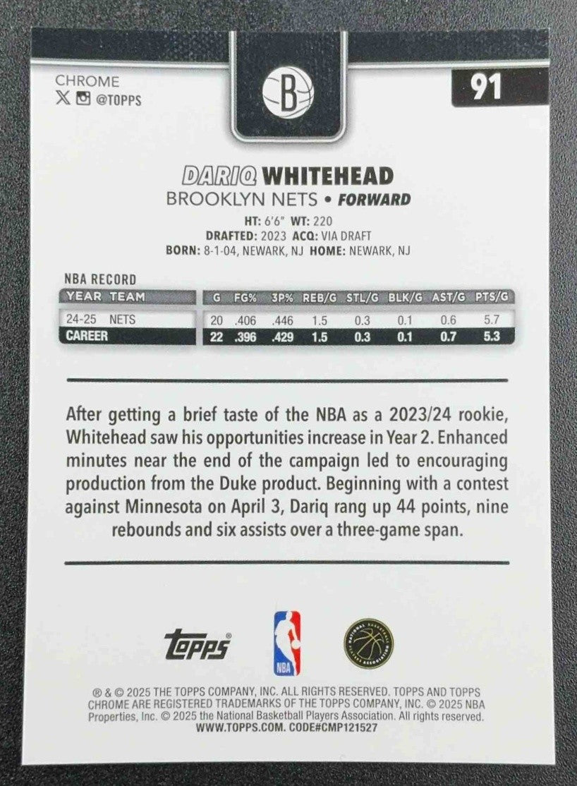 DARIQ WHITEHEAD 2025-26 TOPPS CHROME #91 GOLD WAVE REFRACTOR 29/50 NETS