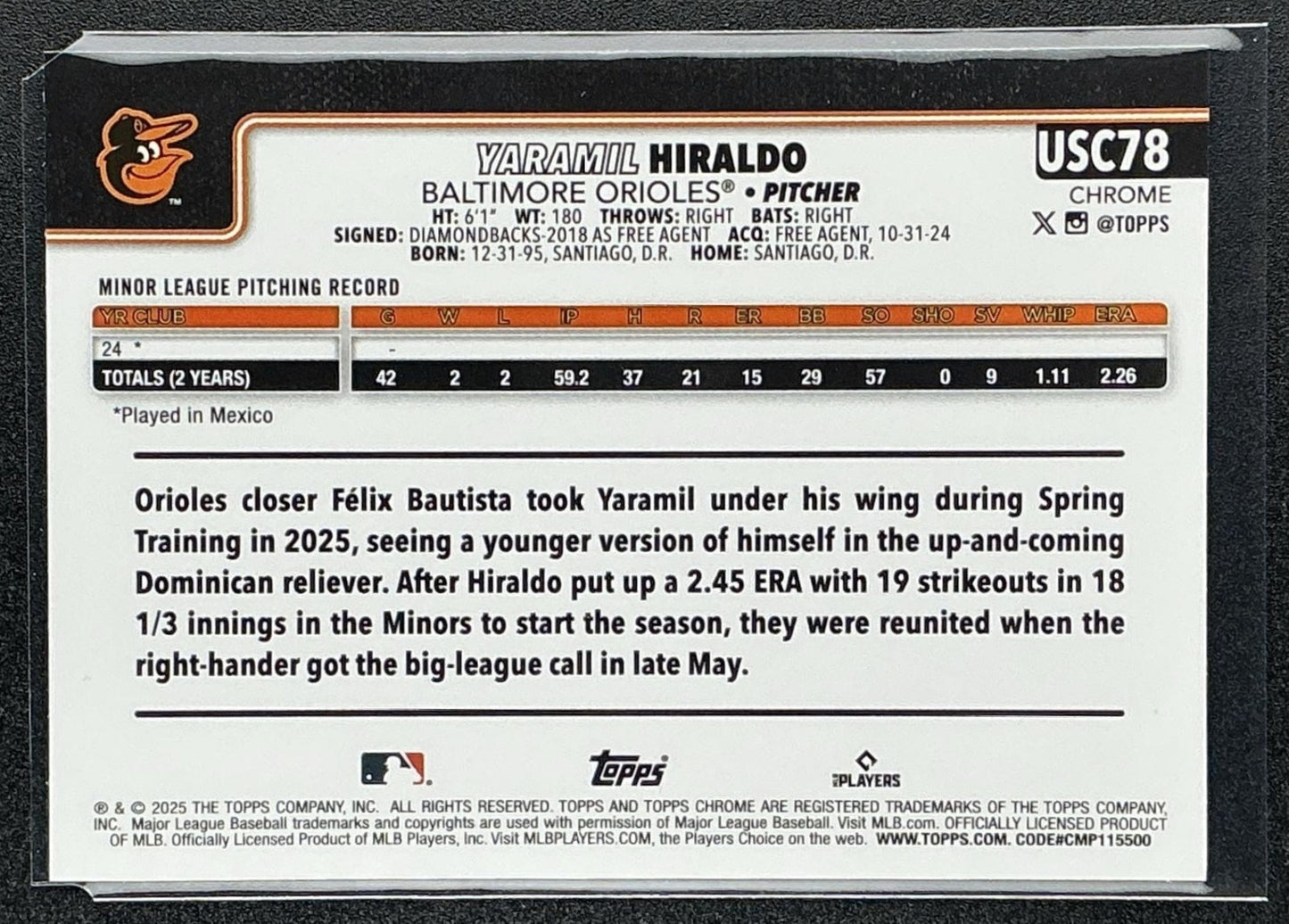YARAMIL HIRALDO 2025 TOPPS CHROME UPDATE #USC78 PRISM REFRACTOR RC ORIOLES