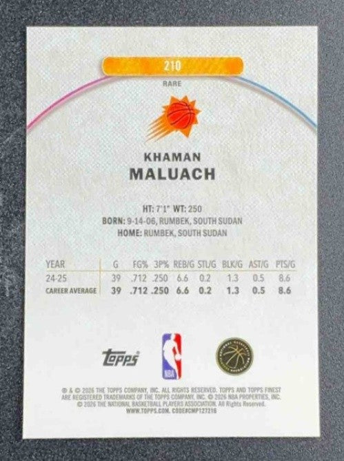 KHAMAN MALUACH 2025-26 TOPPS FINEST #210 RARE RC SUNS