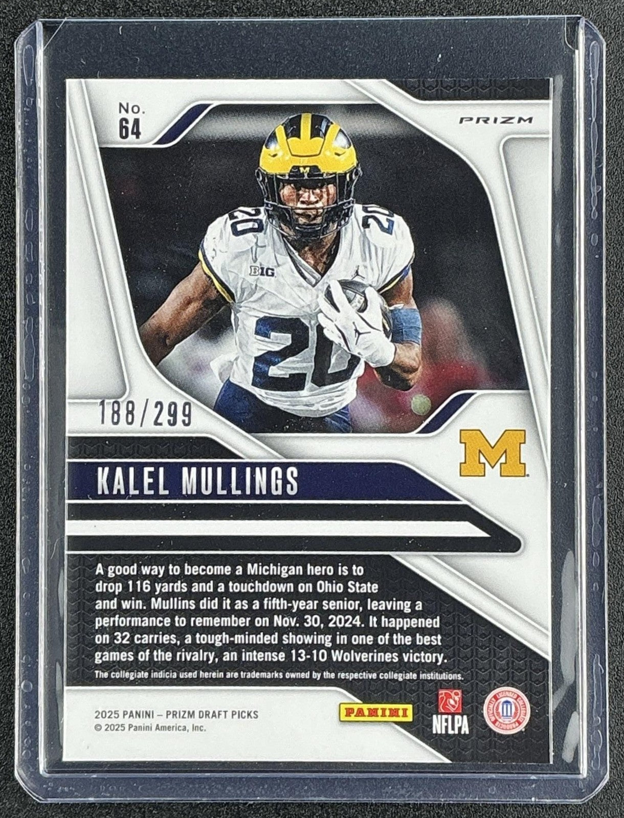 KALEL MULLINGS 2025 PANINI PRIZM DRAFT PICKS #64 BLUE WAVE 188/299 RC WOLVERINES