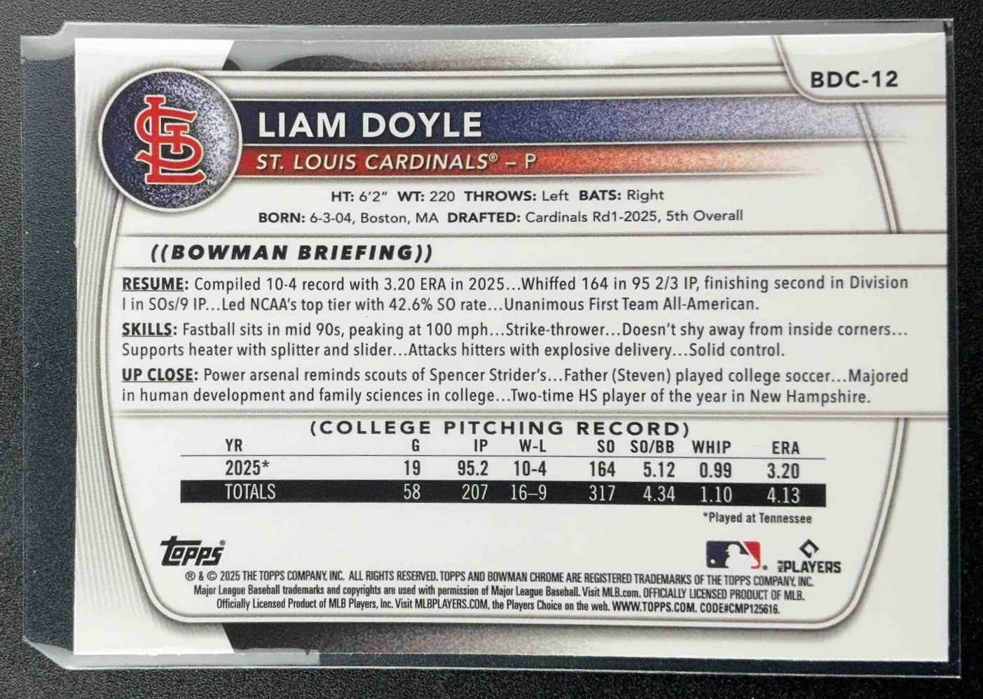 2025 Bowman Draft Liam Doyle #BDC-12 Chrome Mojo Refractor 1st Prospect
