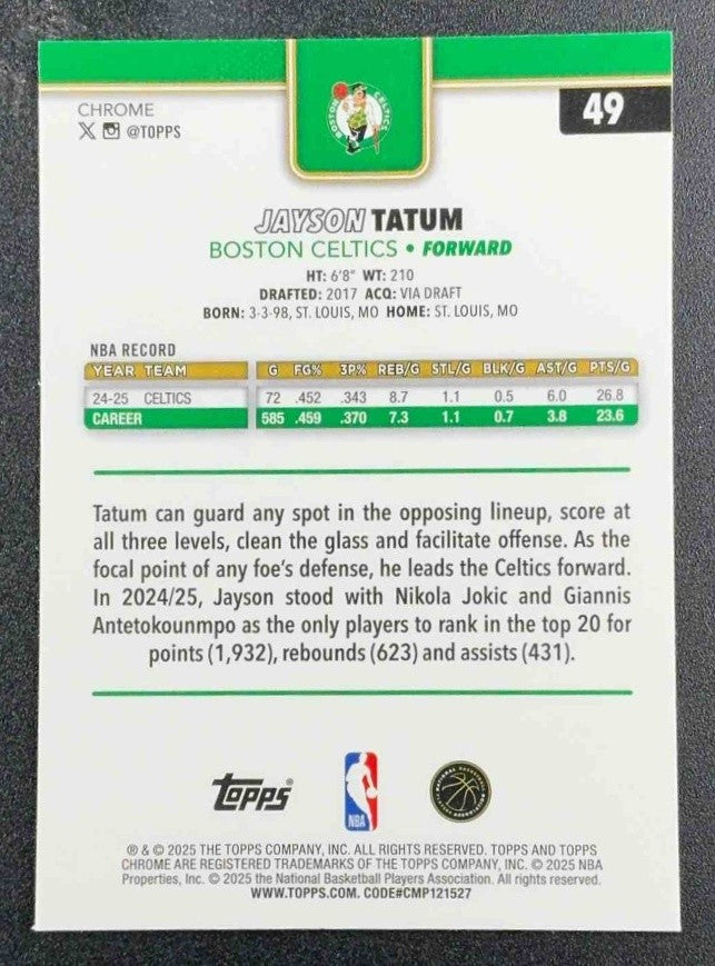JAYSON TATUM 2025-26 TOPPS CHROME #49 RAYWAVE REFRACTOR CELTICS