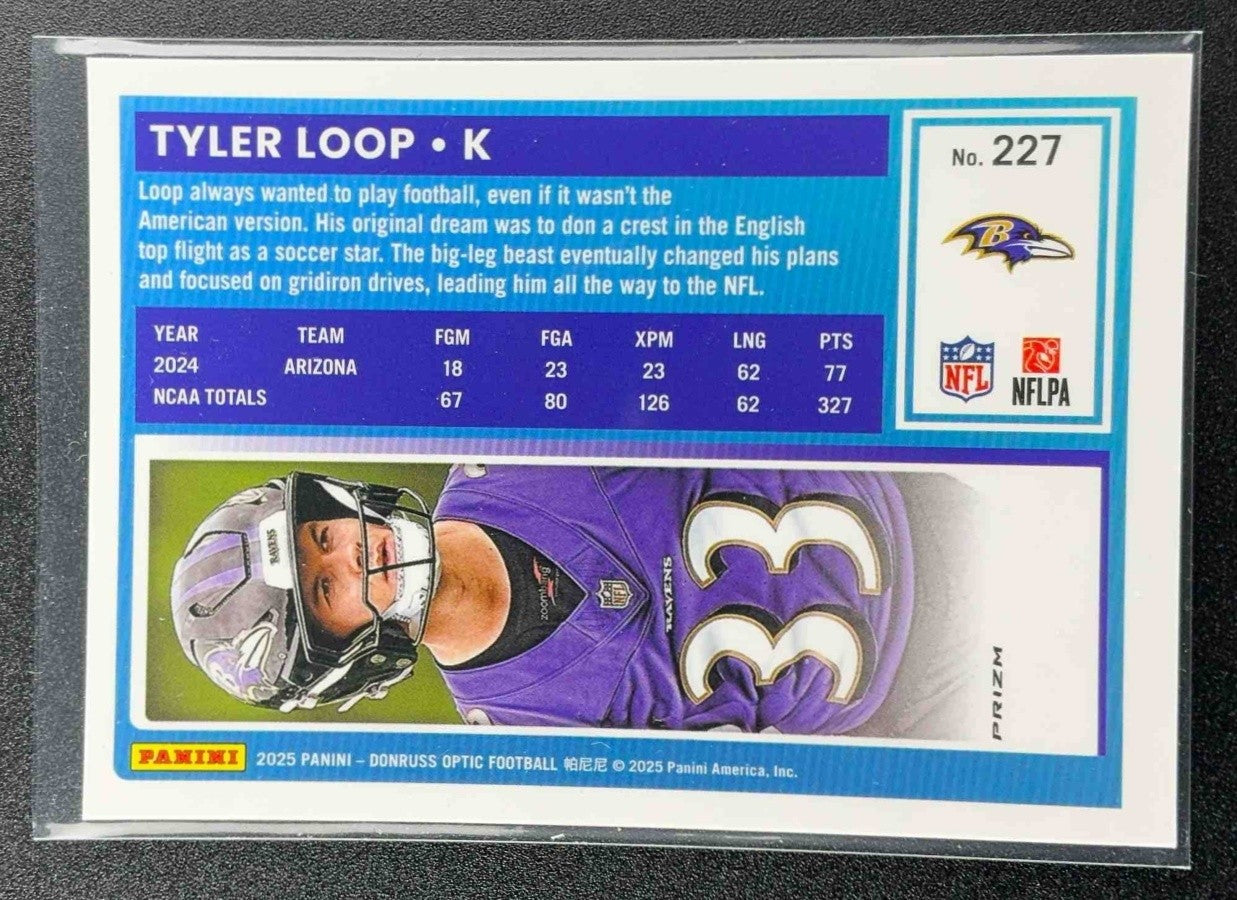 TYLER LOOP 2025 PANINI DONRUSS OPTIC #227 RATED ROOKIE BLUE HYPER PRIZM RAVENS