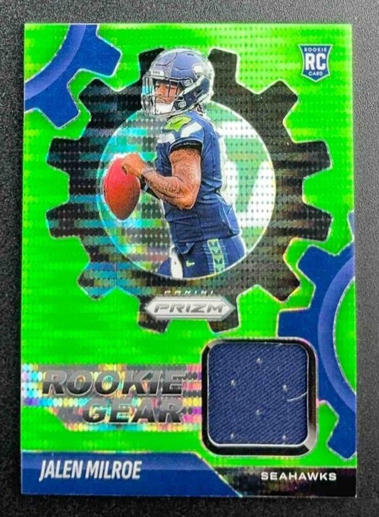 2025 Panini Prizm Jalen Milroe #RGR-JME Rookie Gear Neon Green Pulsar MEM RC