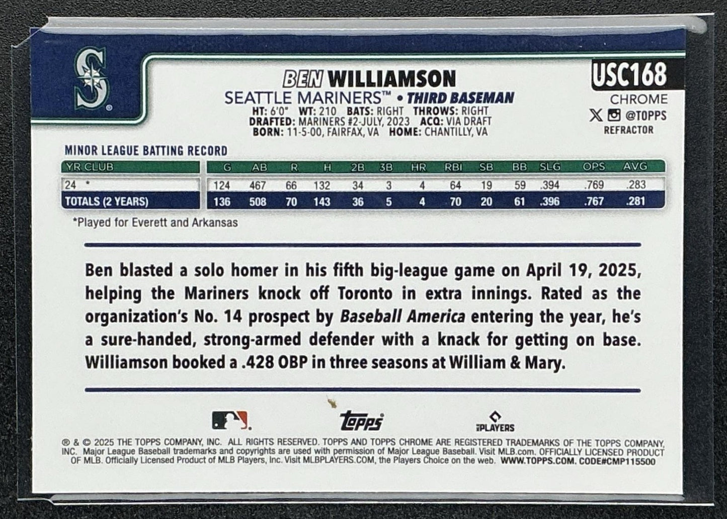 BEN WILLIAMSON 2025 TOPPS CHROME UPDATE #USC168 REFRACTOR RC MARINERS