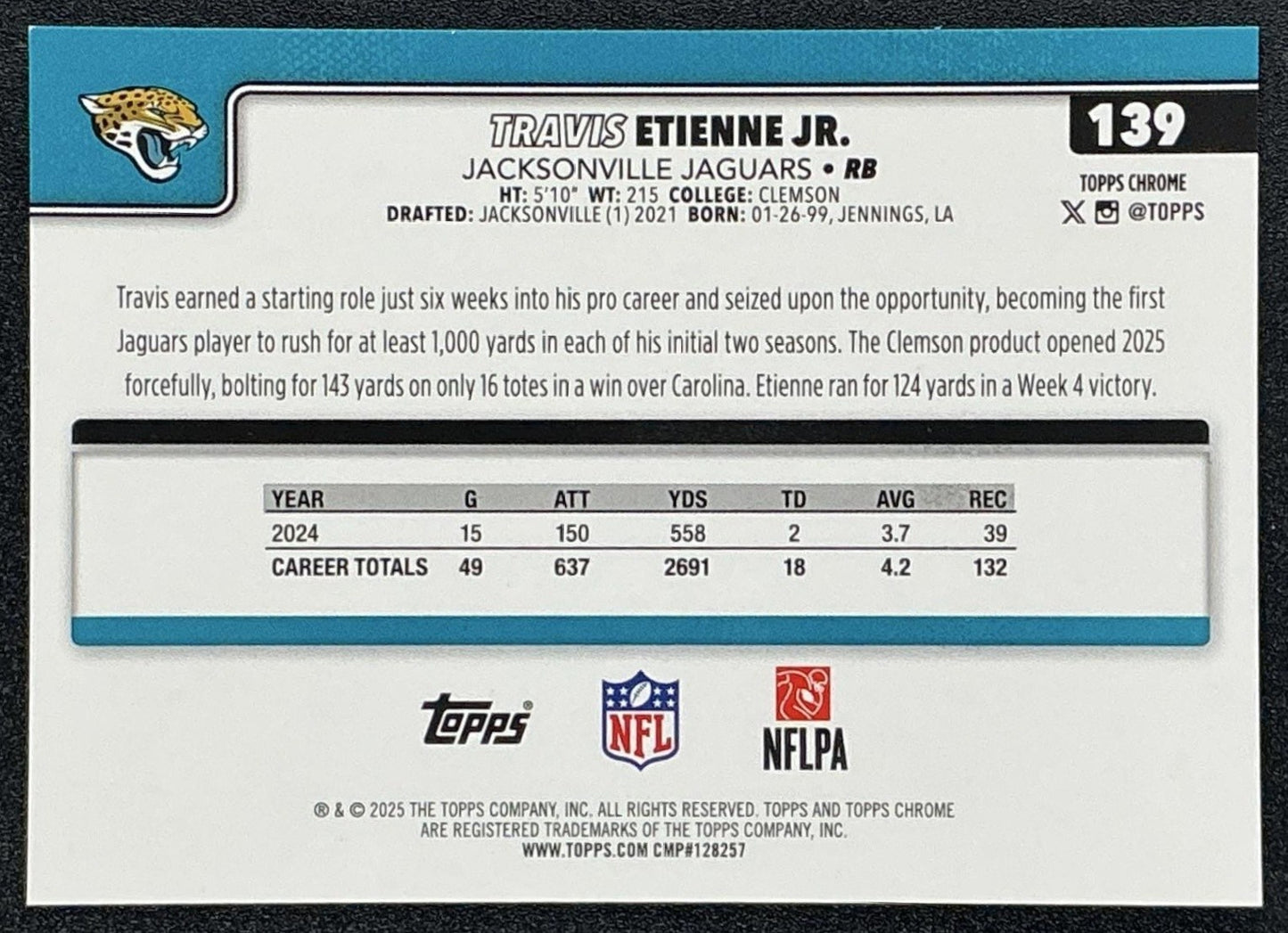 TRAVIS ETIENNE JR. 2025 TOPPS CHROME #139 GOLD REFRACTOR 12/50 JAGUARS