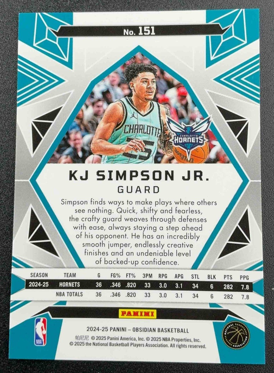 KJ SIMPSON JR. 2024-25 PANINI OBSIDIAN #151 RC HORNETS
