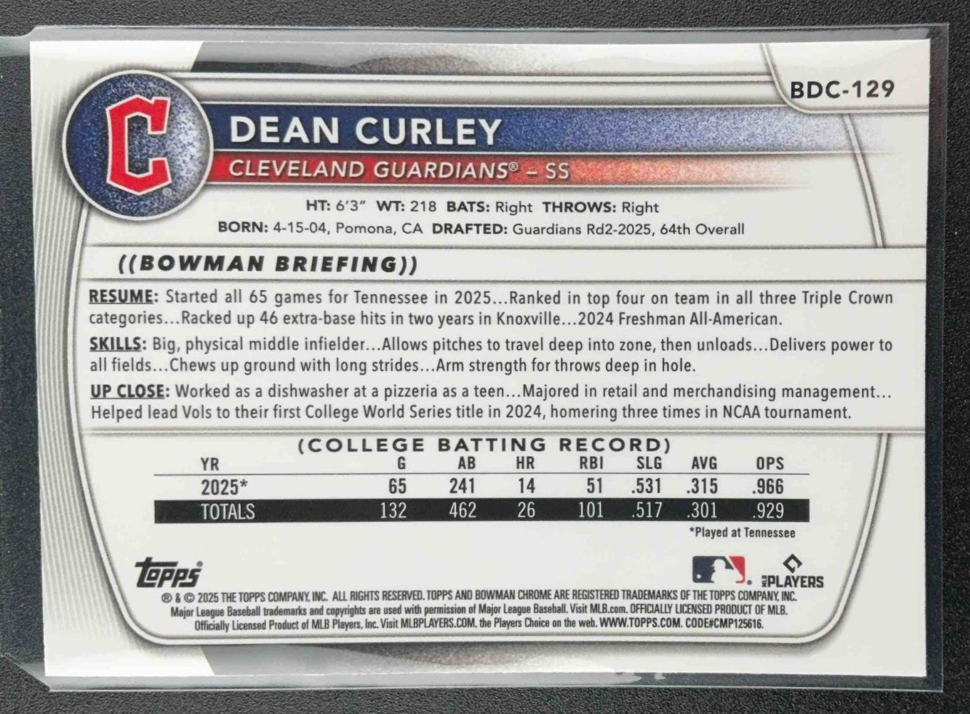 2025 Bowman Draft Dean Curley #BDC-129 Chrome Mojo Refractor 1st Prospect