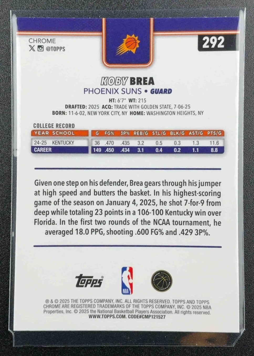 KOBY BREA 2025-26 TOPPS CHROME #292 X-FRACTOR RC SUNS