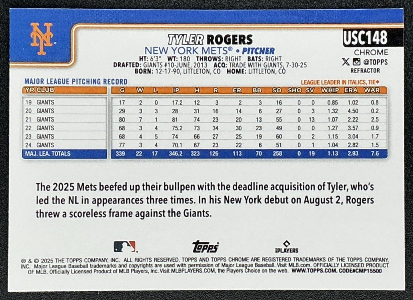 TYLER ROGERS 2025 TOPPS CHROME UPDATE #USC148 REFRACTOR METS