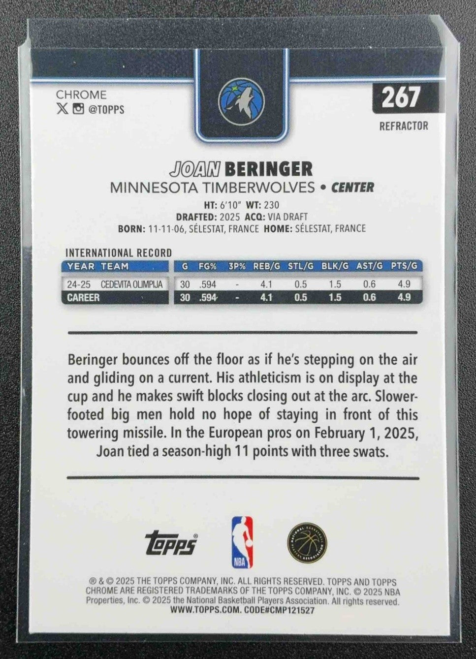 JOAN BERINGER 2025-26 TOPPS CHROME #267 REFRACTOR RC TIMBERWOLVES