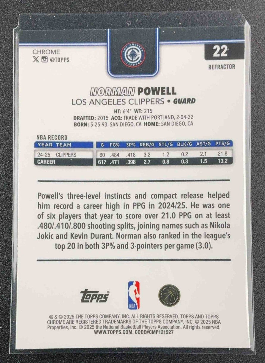 NORMAN POWELL 2025-26 TOPPS CHROME #22 REFRACTOR CLIPPERS