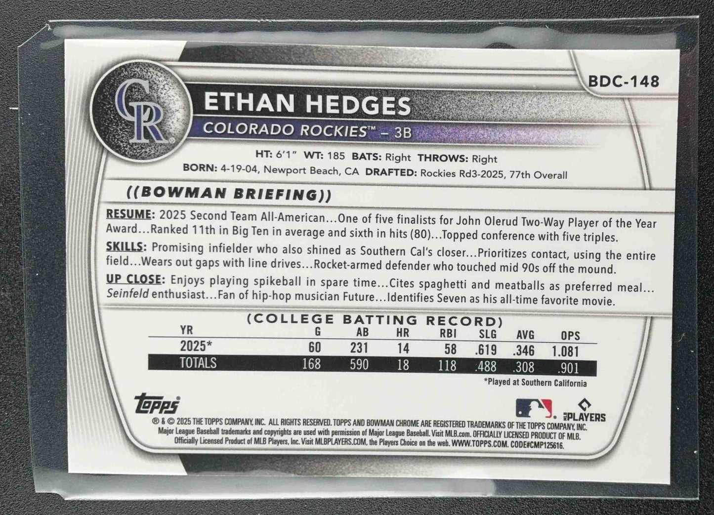2025 Bowman Draft Ethan Hedges #BDC-148 Chrome Mojo Refractor 1st Prospect