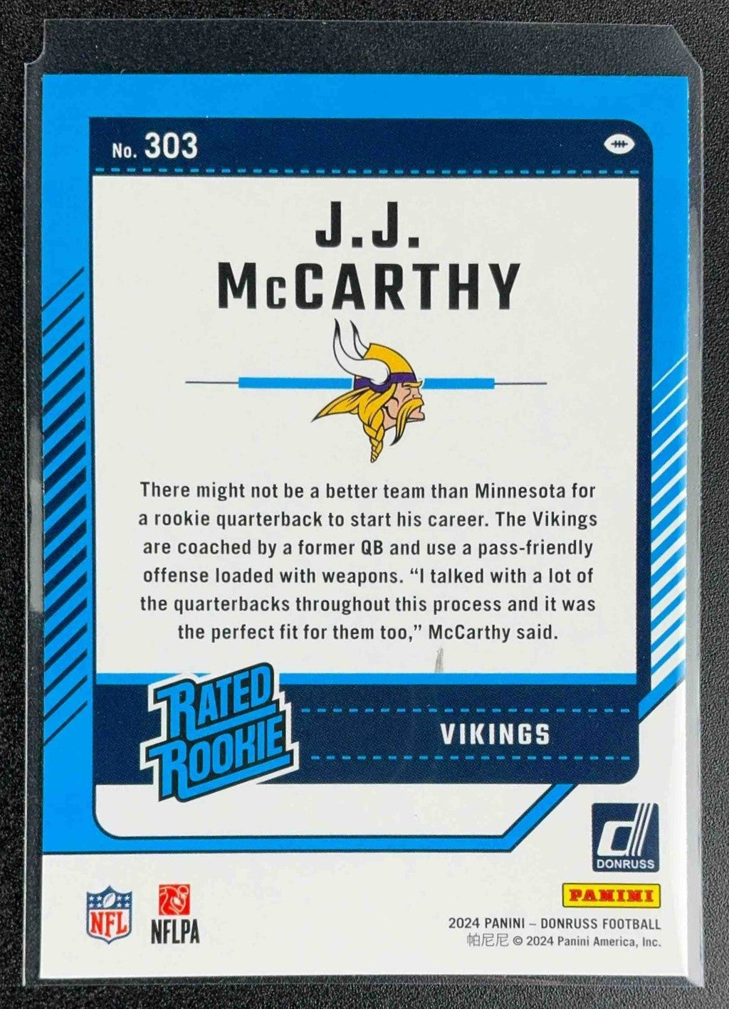 J.J. MCCARTHY 2024 PANINI DONRUSS #303 RC RATED ROOKIE VIKINGS