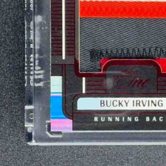 2024 Panini One Bucky Irving #89 Franchise Future Fabric Auto Red /49 MEM RC