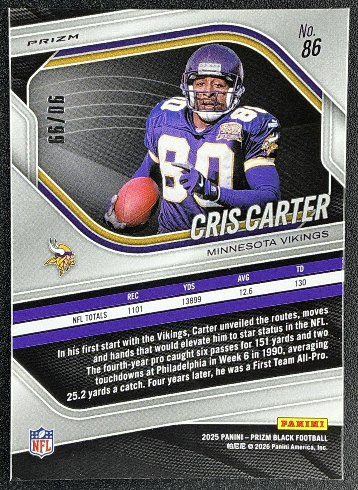 CRIS CARTER 2025 PANINI PRIZM BLACK #86 PURPLE /99 VIKINGS