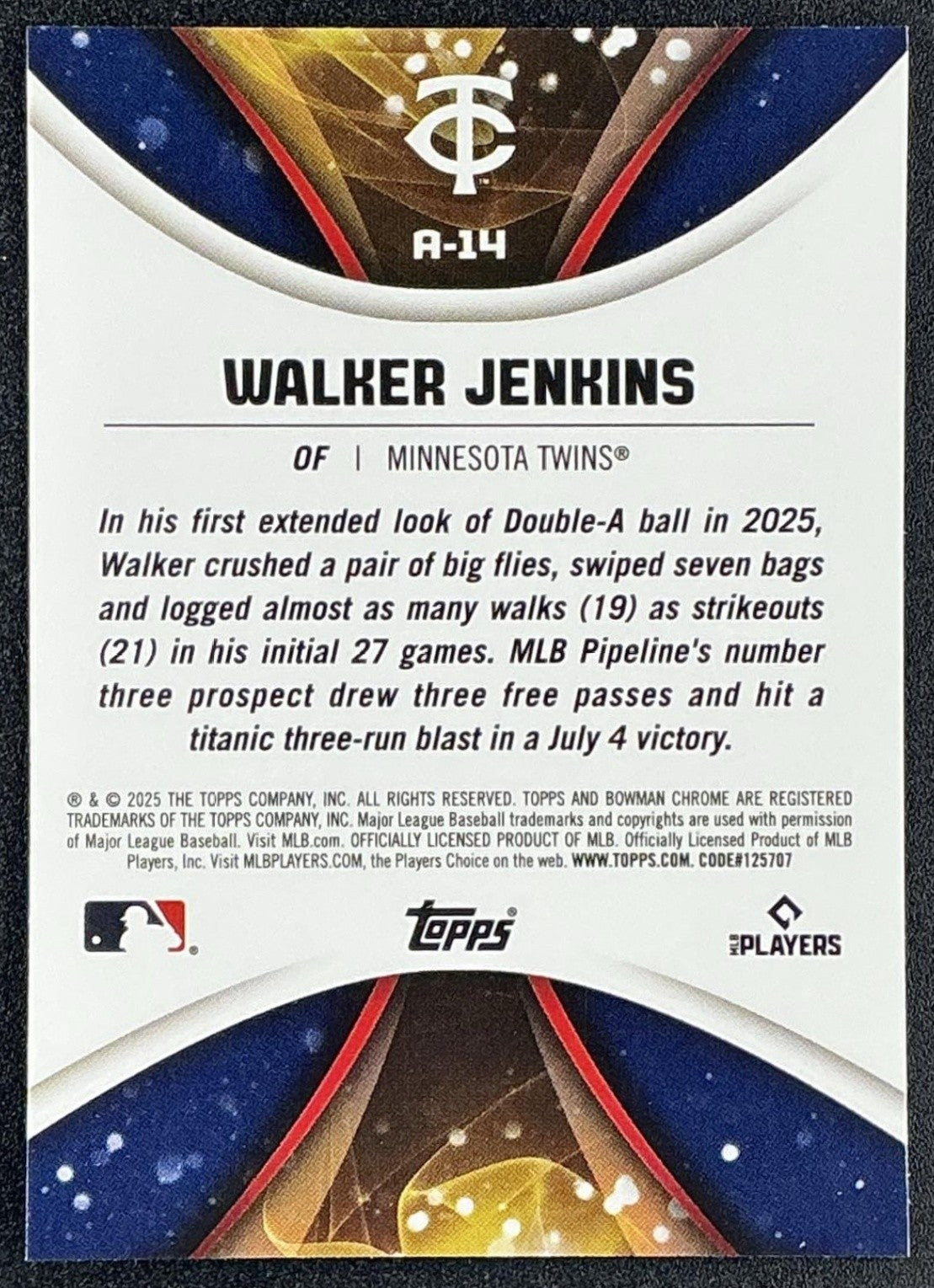 WALKER JENKINS 2025 BOWMAN DRAFT #A-14 AXIS CHROME TWINS