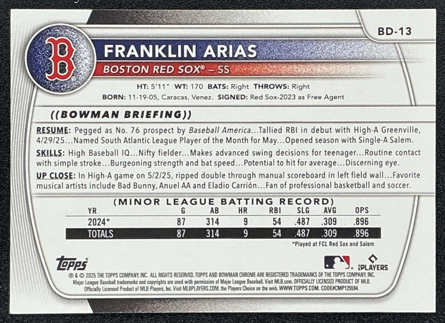 FRANKLIN ARIAS 2025 BOWMAN DRAFT #BD-13 GOLD BORDER 17/50 RED SOX