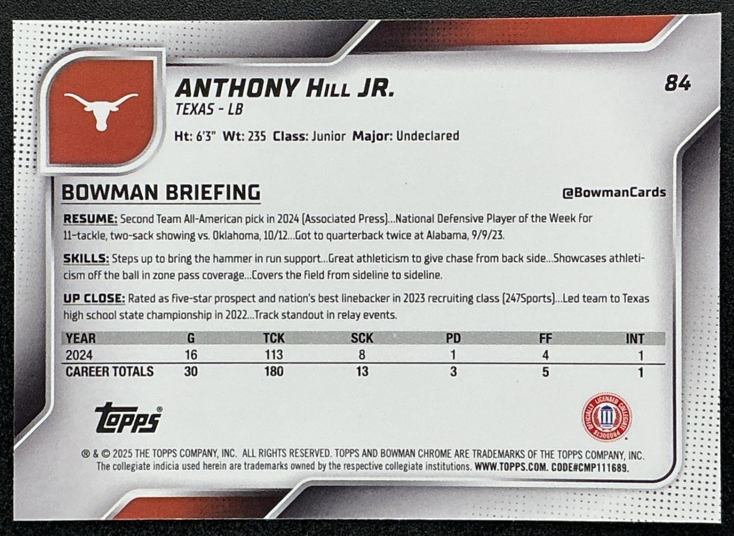 2025 Bowman Chrome University Sapphire Anthony Hill Jr. #84 1st Prospect