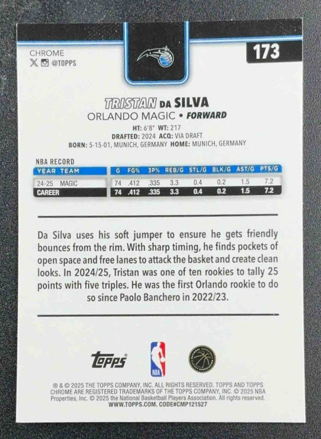 TRISTAN DA SILVA 2025-26 TOPPS CHROME #173 RED, WHITE & BLUE REFRACTOR MAGIC