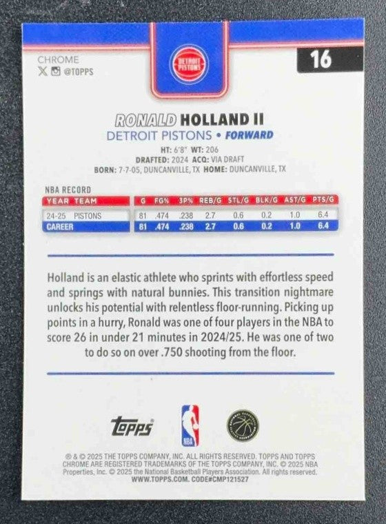 RON HOLLAND II 2025-26 TOPPS CHROME #16 RED, WHITE & BLUE REFRACTOR PISTONS