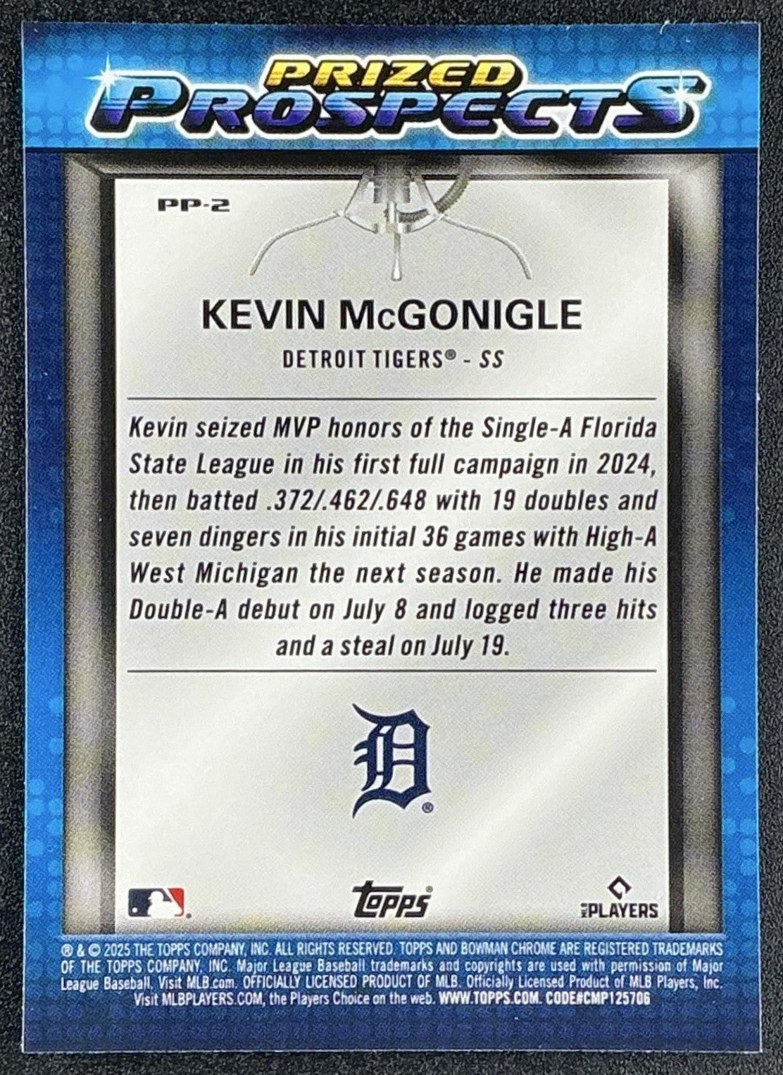 KEVIN MCGONIGLE 2025 BOWMAN DRAFT #PP-2 CHROME PRIZED PROSPECTS TIGERS