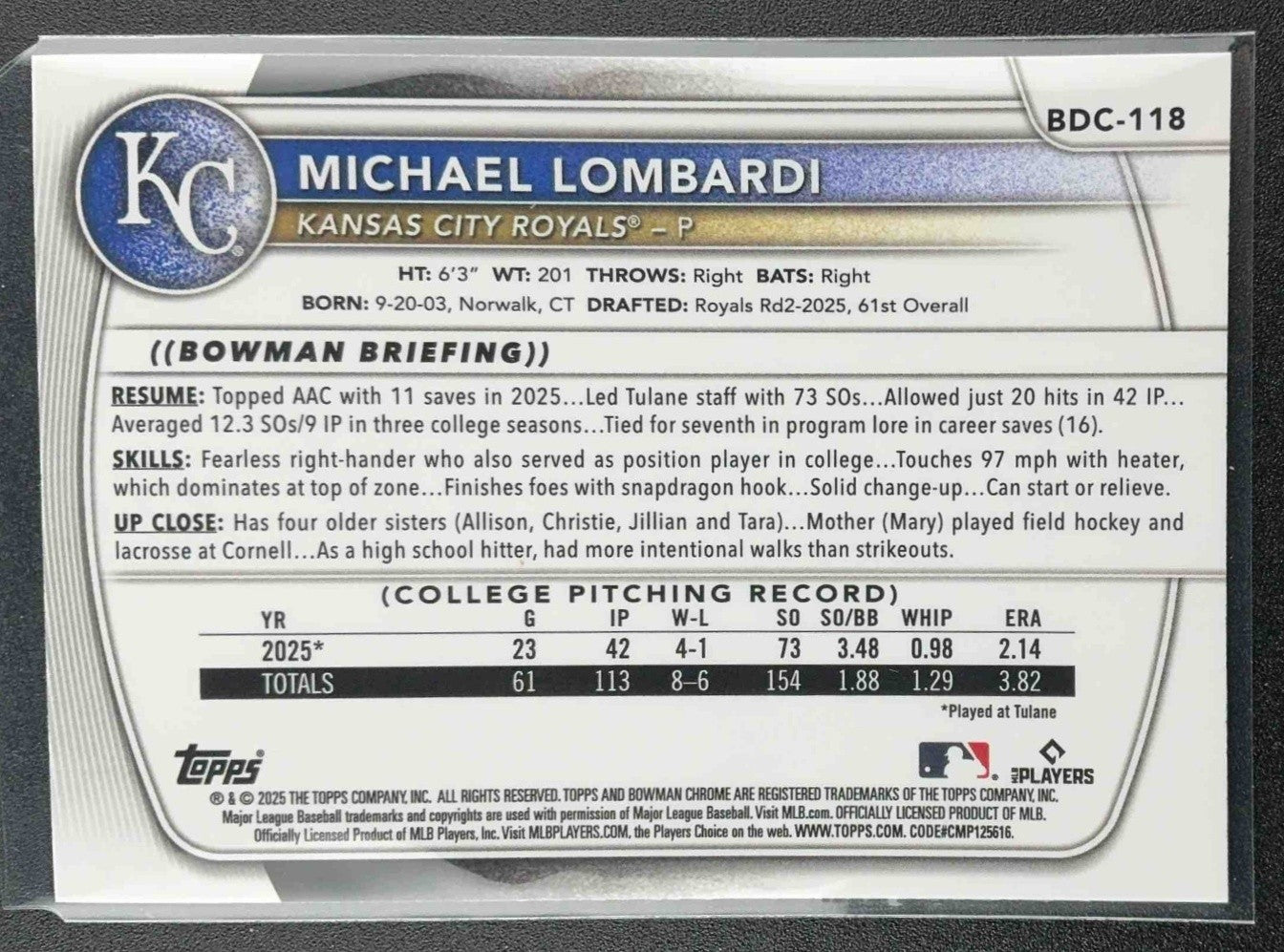 2025 Bowman Draft Michael Lombardi #BDC-118 Chrome Mojo Refractor 1st Prospect