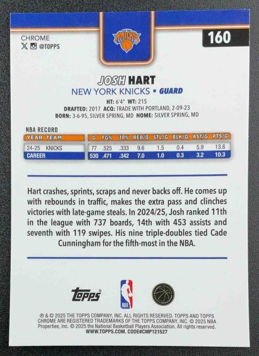 JOSH HART 2025-26 TOPPS CHROME #160 RED, WHITE & BLUE REFRACTOR KNICKS