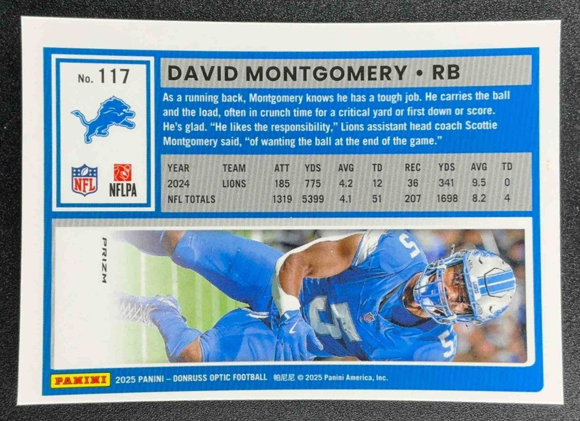 DAVID MONTGOMERY 2025 PANINI DONRUSS OPTIC #117 HOLO PRIZM LIONS