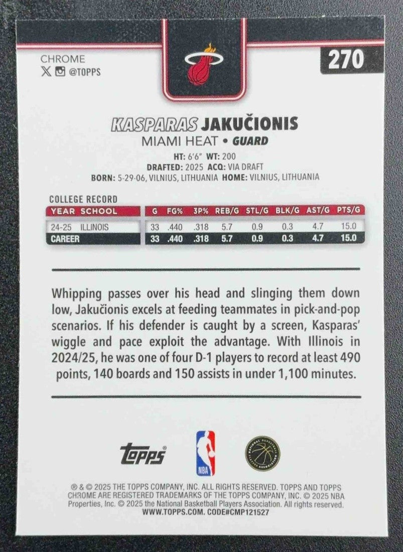 KASPARAS JAKUCIONIS 2025-26 TOPPS CHROME #270 RAYWAVE REFRACTOR RC HEAT
