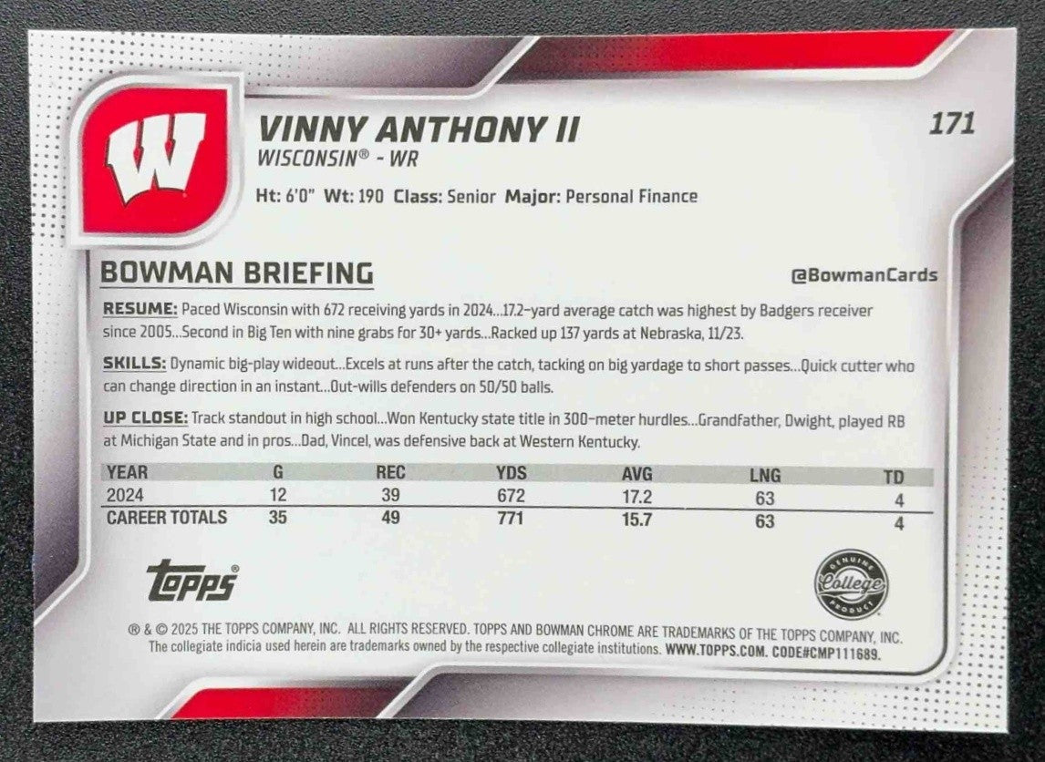 2025 Bowman Chrome University Sapphire Vinny Anthony II #171 1st Prospect