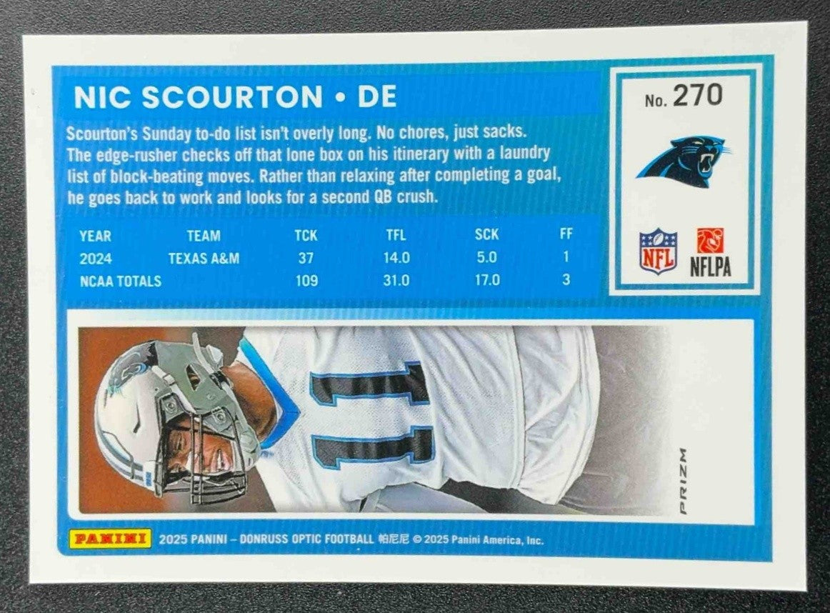 2025 Panini Donruss Optic Nic Scourton #270 Rated Rookie Blue Hyper Prizm
