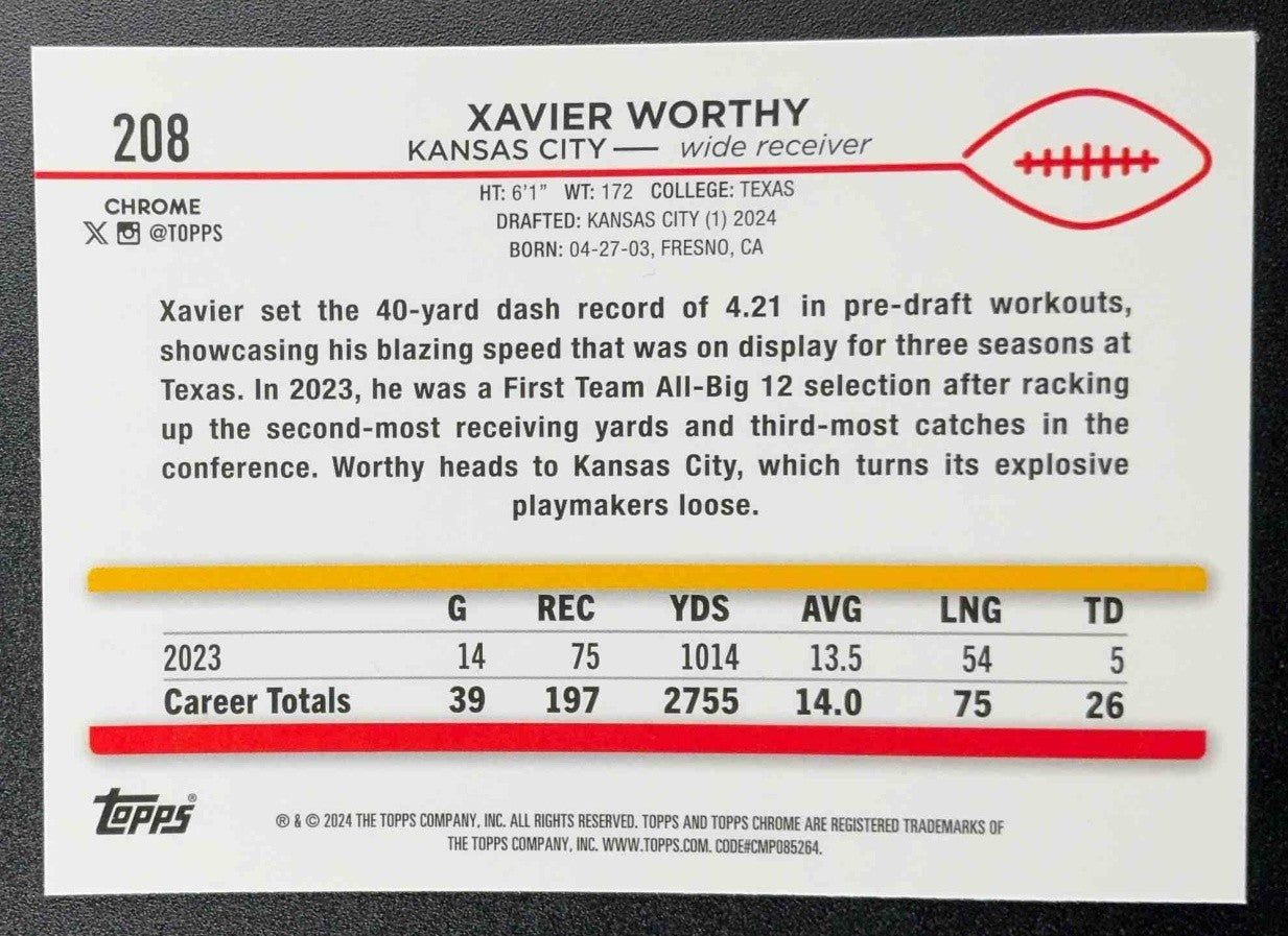XAVIER WORTHY 2024 TOPPS CHROME #208 X-FRACTOR RC CHIEFS