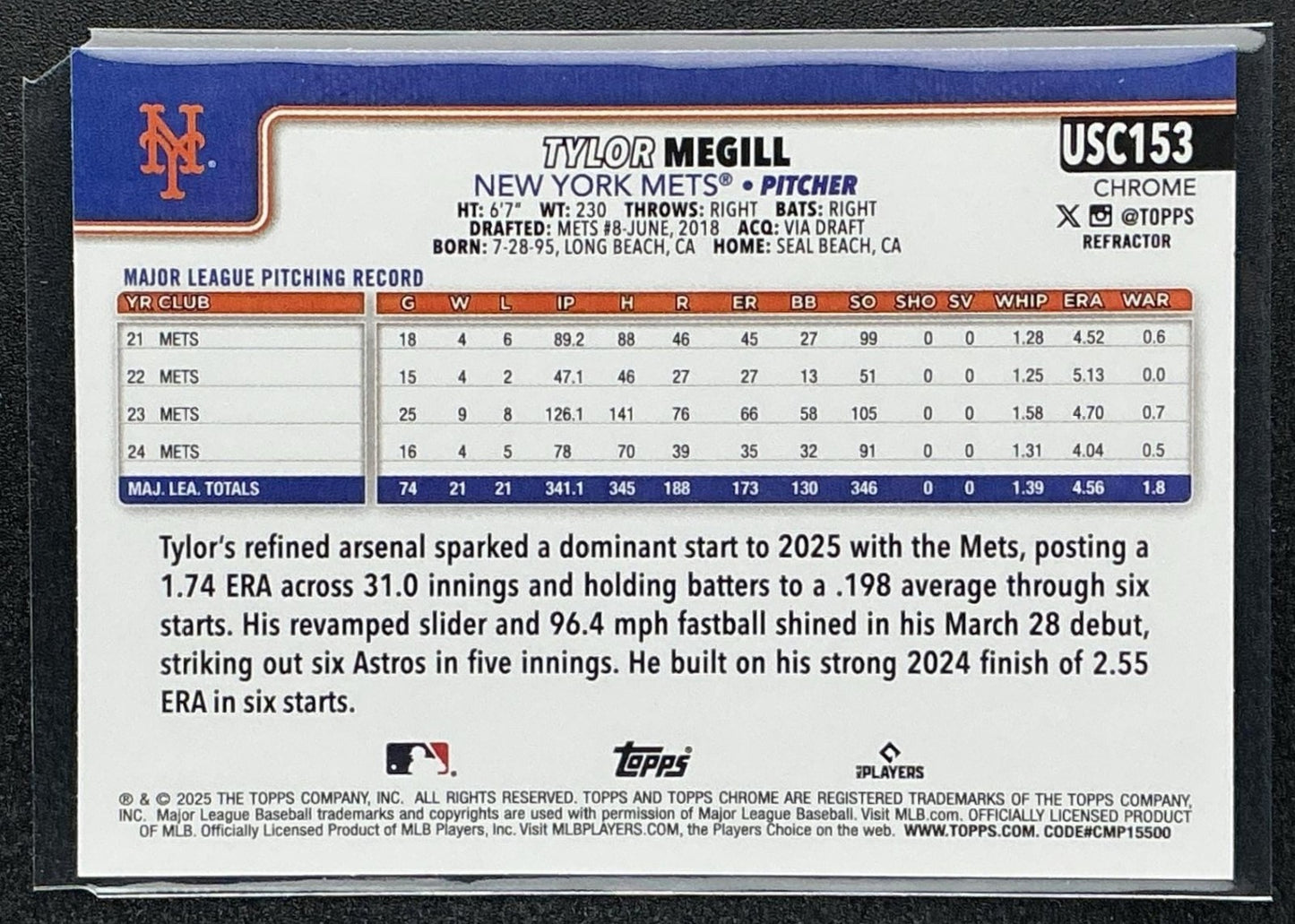 TYLOR MEGILL 2025 TOPPS CHROME UPDATE #USC153 REFRACTOR METS