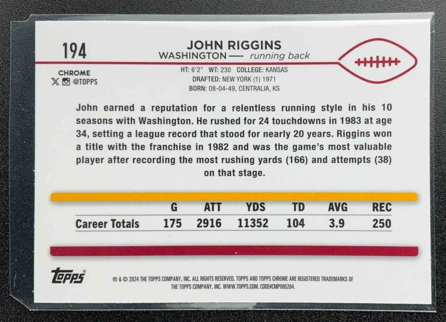 JOHN RIGGINS 2024 TOPPS CHROME #194 MAGENTA SPECKLE REFRACTOR 180/399 REDSKINS