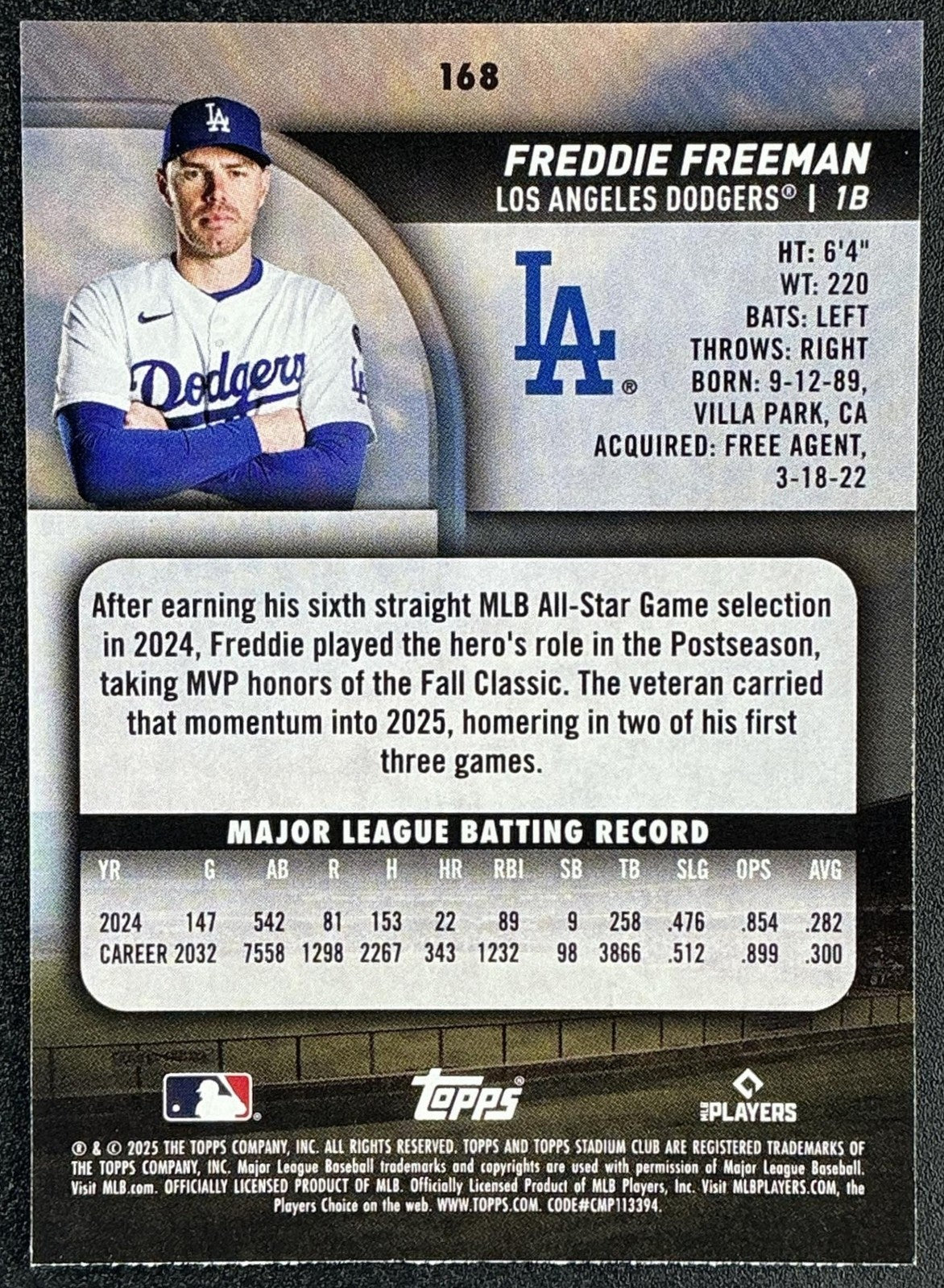 FREDDIE FREEMAN 2025 TOPPS STADIUM CLUB #168 DODGERS