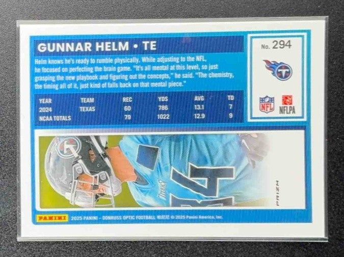 GUNNAR HELM 2025 PANINI DONRUSS OPTIC #294 RATED ROOKIE BLUE HYPER PRIZM TITANS