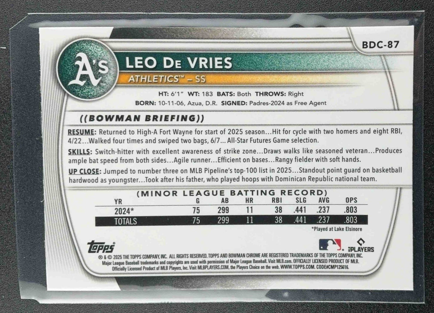 LEO DE VRIES 2025 BOWMAN DRAFT #BDC-87 CHROME MOJO REFRACTOR ATHLETICS
